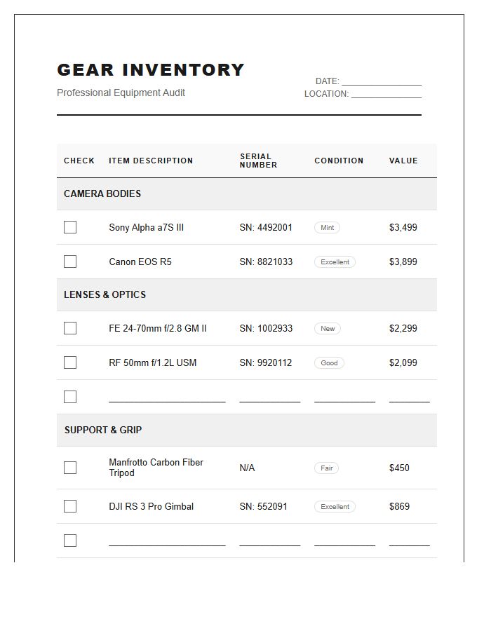 Professional Camera Gear Inventory Printable Chart