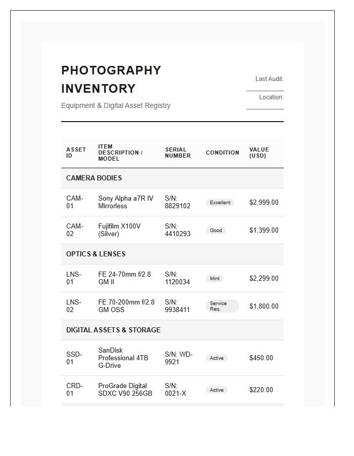 Professional Photography Assets Inventory Printable Chart