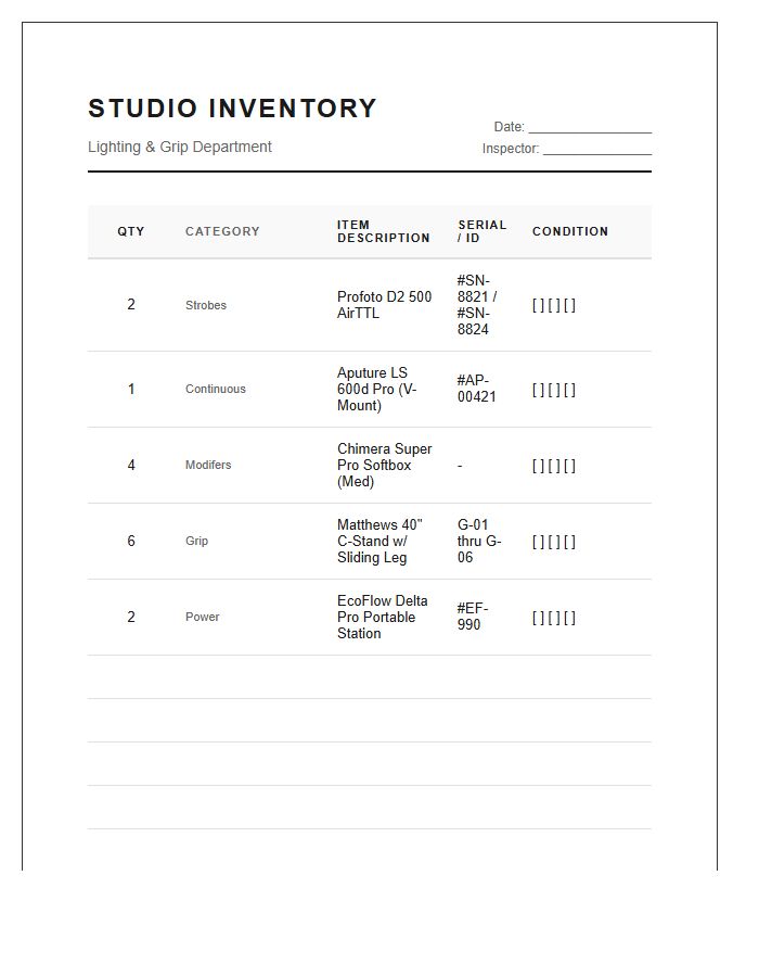Professional Studio Lighting Inventory Printable Chart