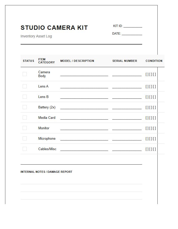 Studio Camera Kit Inventory Printable Chart