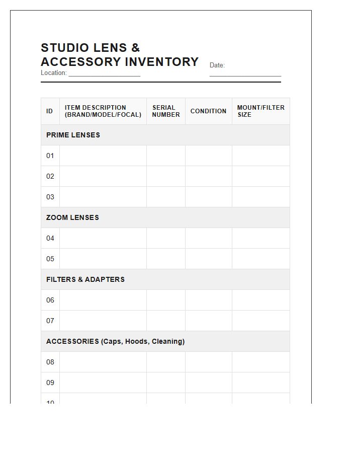 Studio Lens And Accessory Inventory Printable Chart