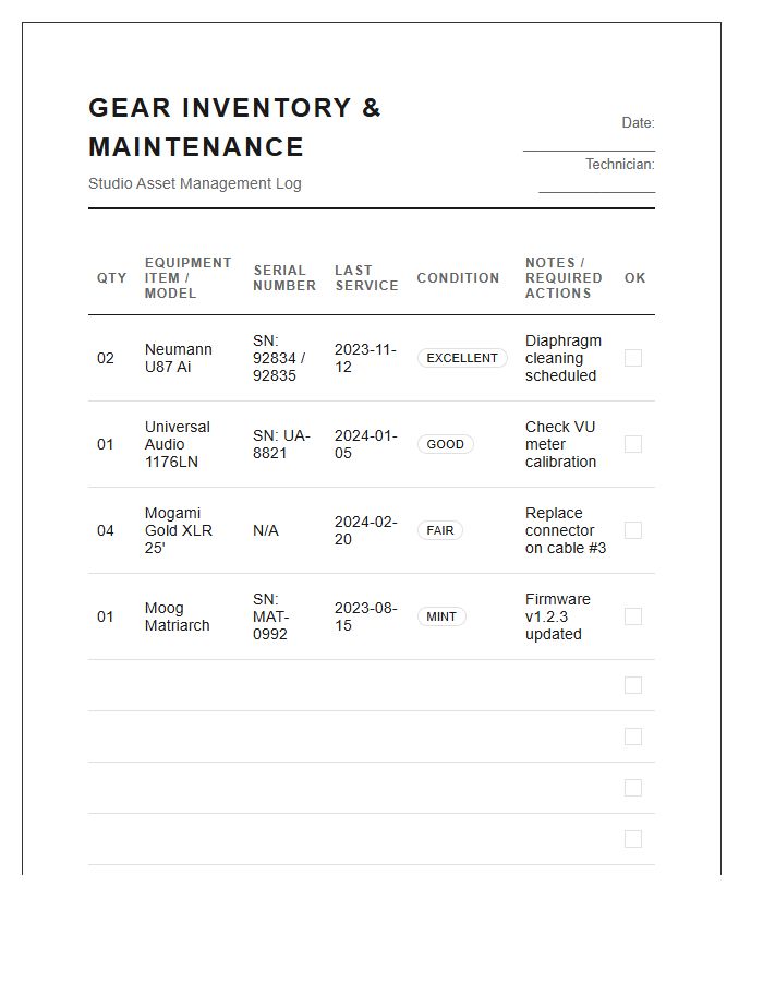 Studio Maintenance Gear Inventory Printable Chart