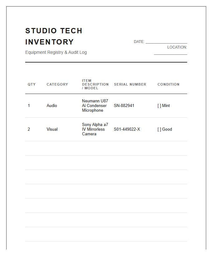 Studio Tech Gear Inventory Printable Chart