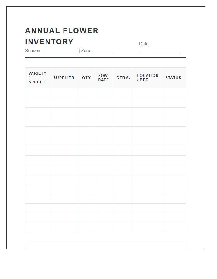 Annual Flower Inventory Printable Chart Logbook