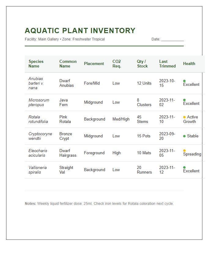 Aquatic Plant Inventory Printable Chart Data