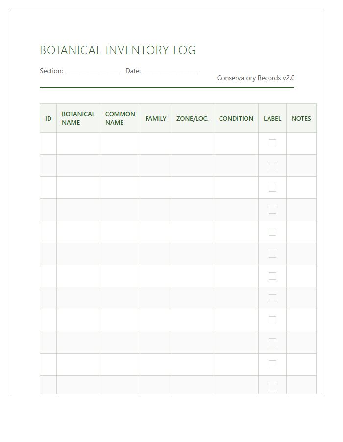 Botanical Garden Plant Inventory Printable Chart Log