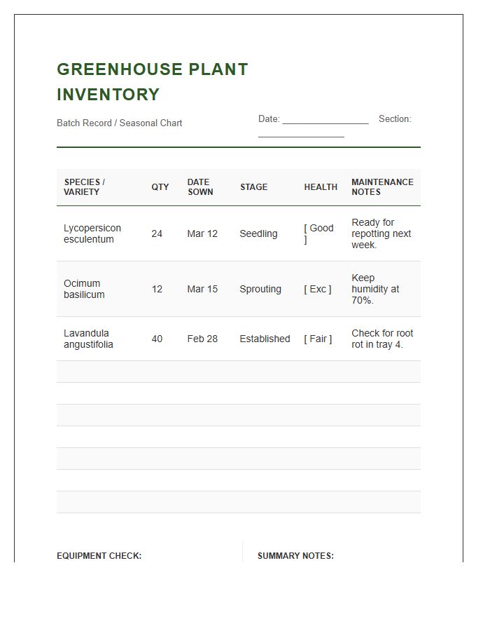 Greenhouse Plant Inventory Printable Chart Record