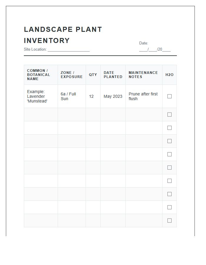 Landscape Plant Inventory Printable Chart Handbook