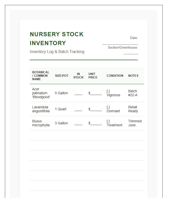 Nursery Stock Inventory Printable Chart System