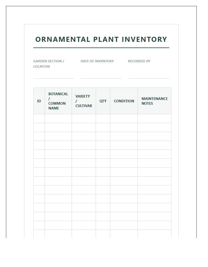 Ornamental Plant Inventory Printable Chart Registry
