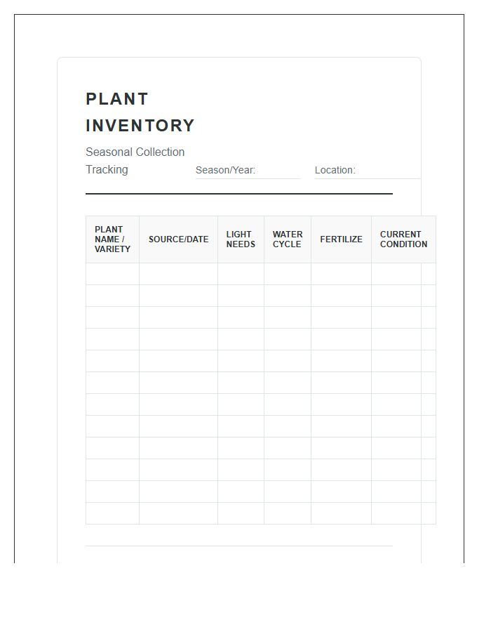 Seasonal Plant Inventory Printable Chart Organizer