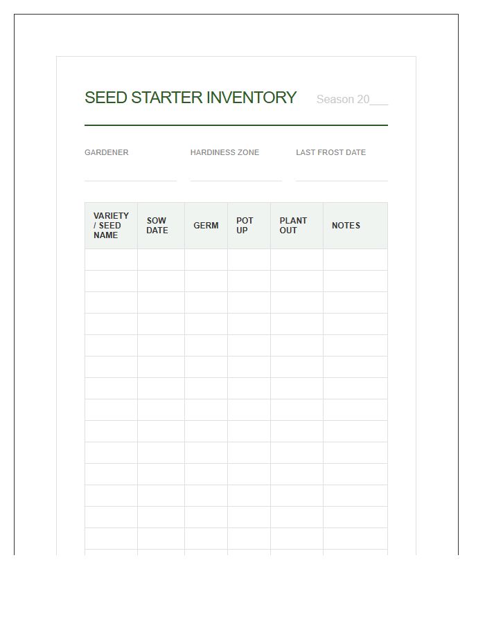 Seed Starter Inventory Printable Chart Journal