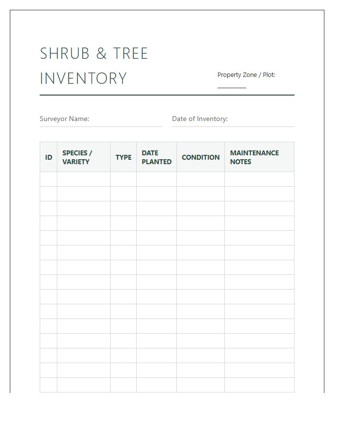 Shrub And Tree Inventory Printable Chart Form