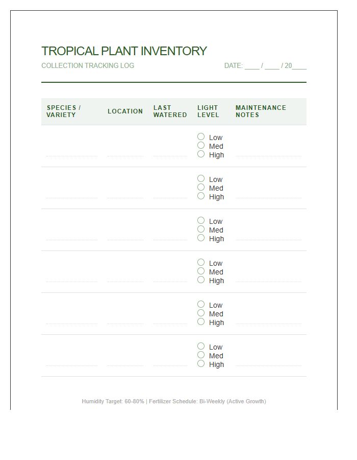 Tropical Plant Inventory Printable Chart Tracking