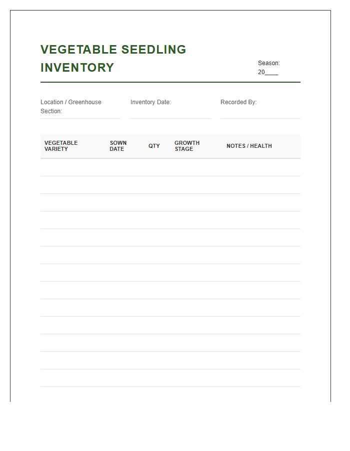 Vegetable Seedling Inventory Printable Chart Sheet