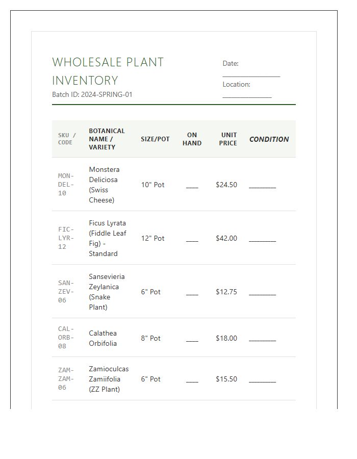 Wholesale Plant Inventory Printable Chart Binder