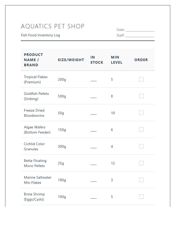 Aquatics Pet Shop Fish Food Stock Printable Chart