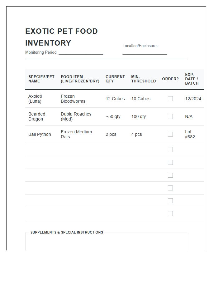 Exotic Pet Food Inventory Monitoring Printable Chart