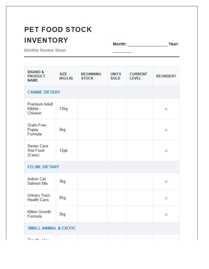 Monthly Pet Shop Pet Food Stock Printable Chart