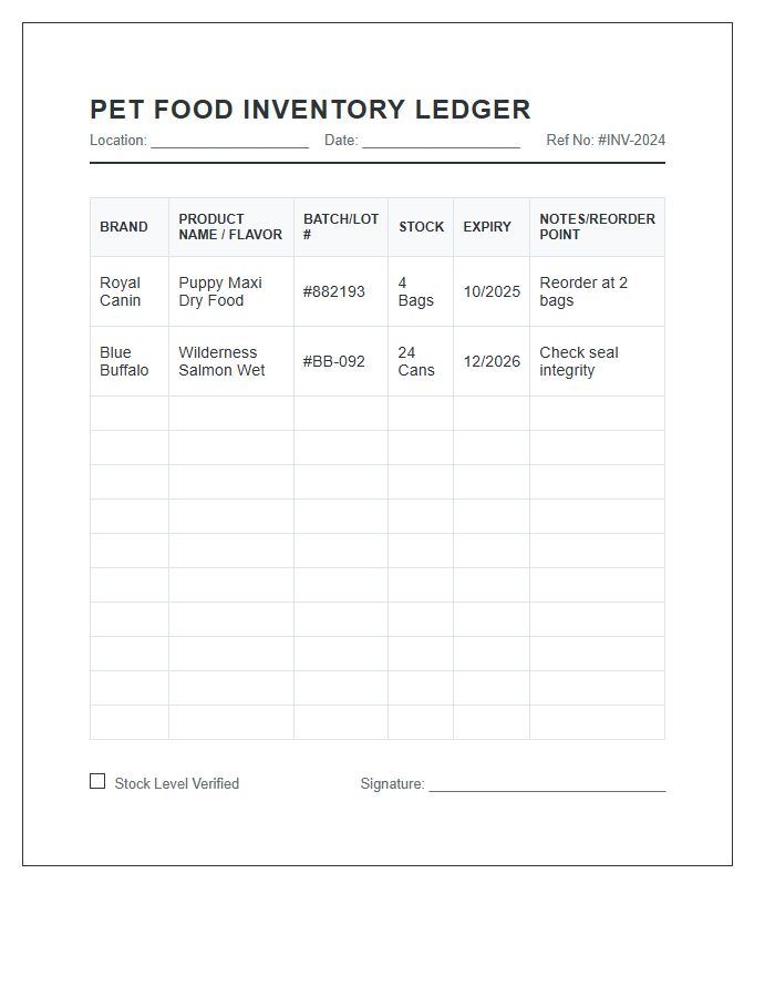 Multi Brand Pet Food Inventory Ledger Printable Chart