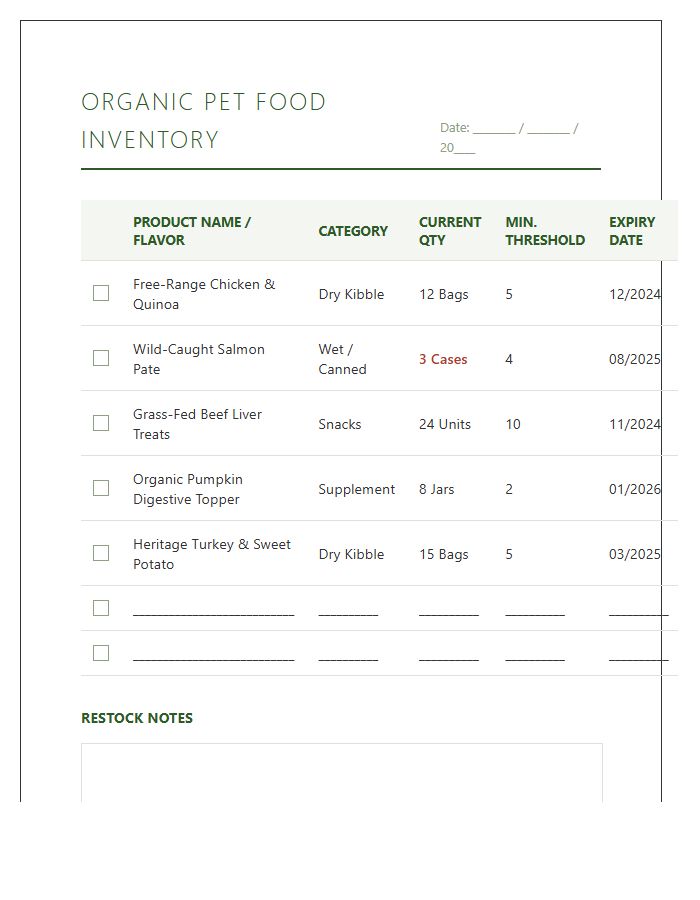 Organic Pet Food Stock Tracking System Printable Chart