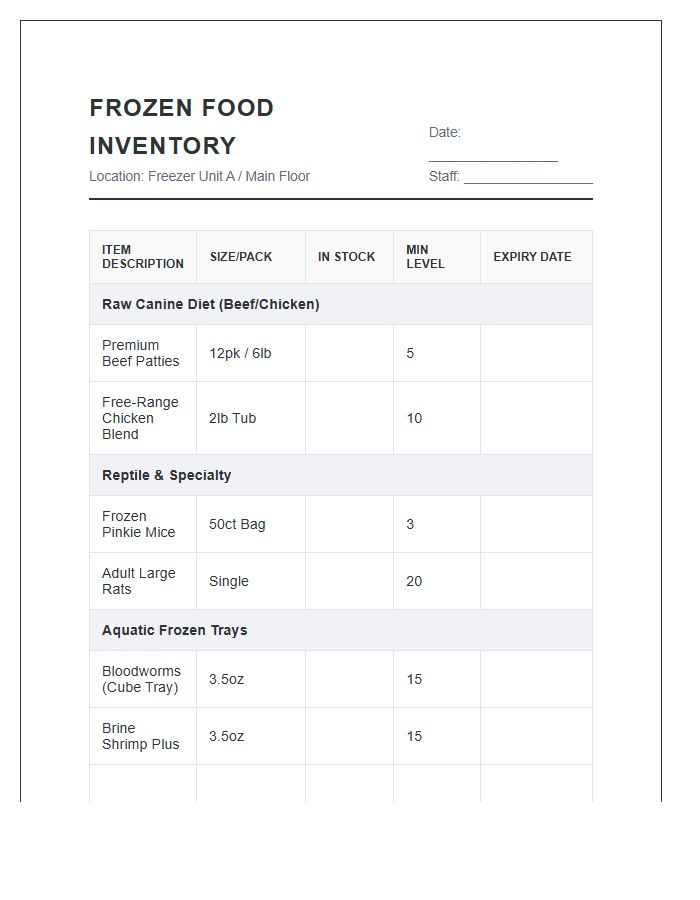 Pet Store Frozen Food Stock Inventory Printable Chart