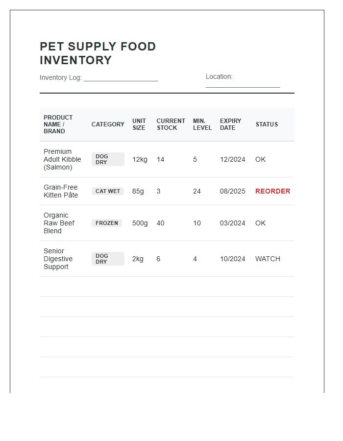 Small Business Pet Supply Food Inventory Printable Chart