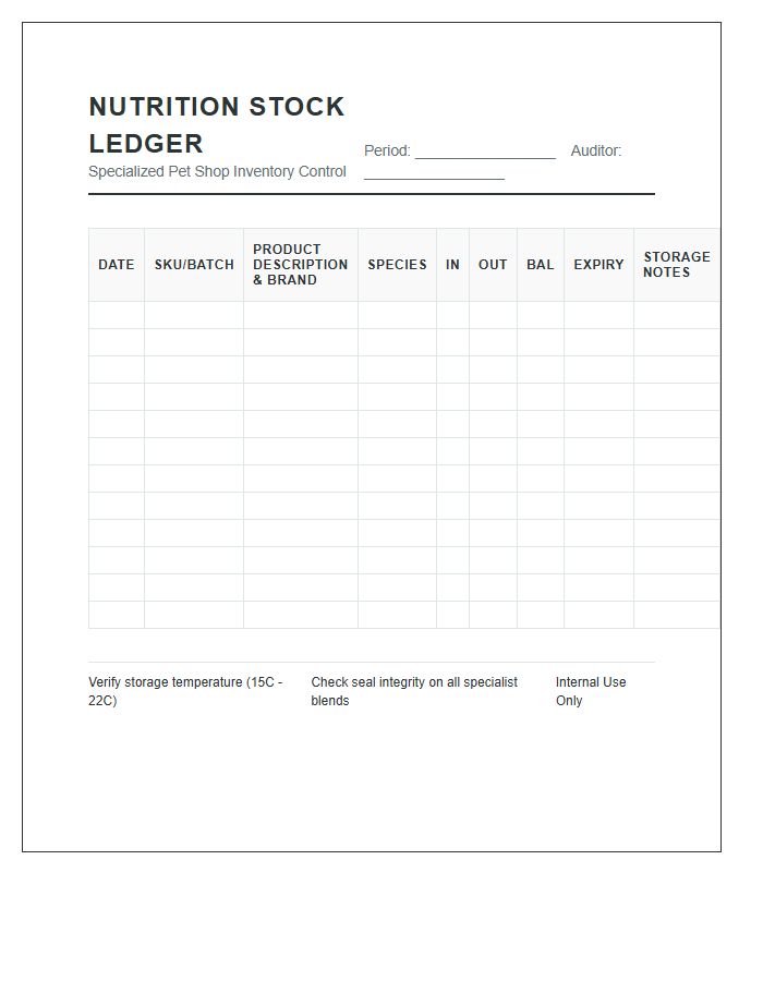 Specialized Pet Shop Nutrition Stock Ledger Printable Chart