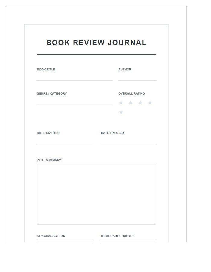 Detailed Book Review Printable Chart