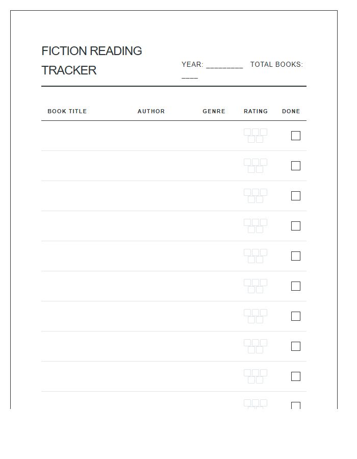 Fiction Reading Tracker Printable Chart
