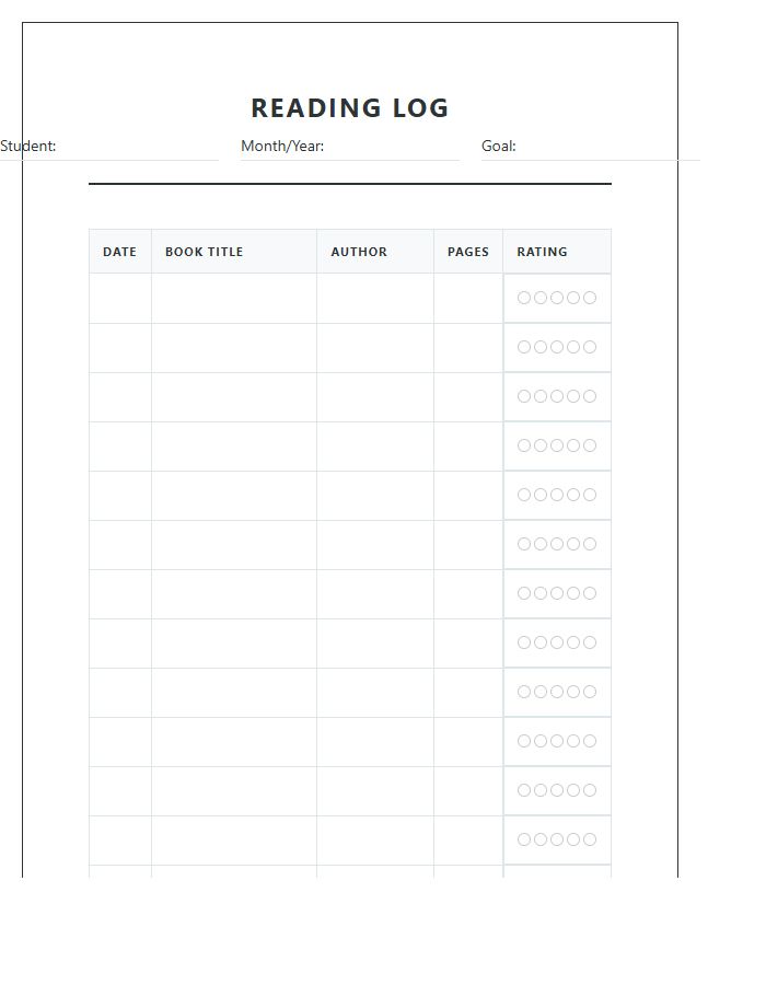 Homeschool Reading Log Printable Chart