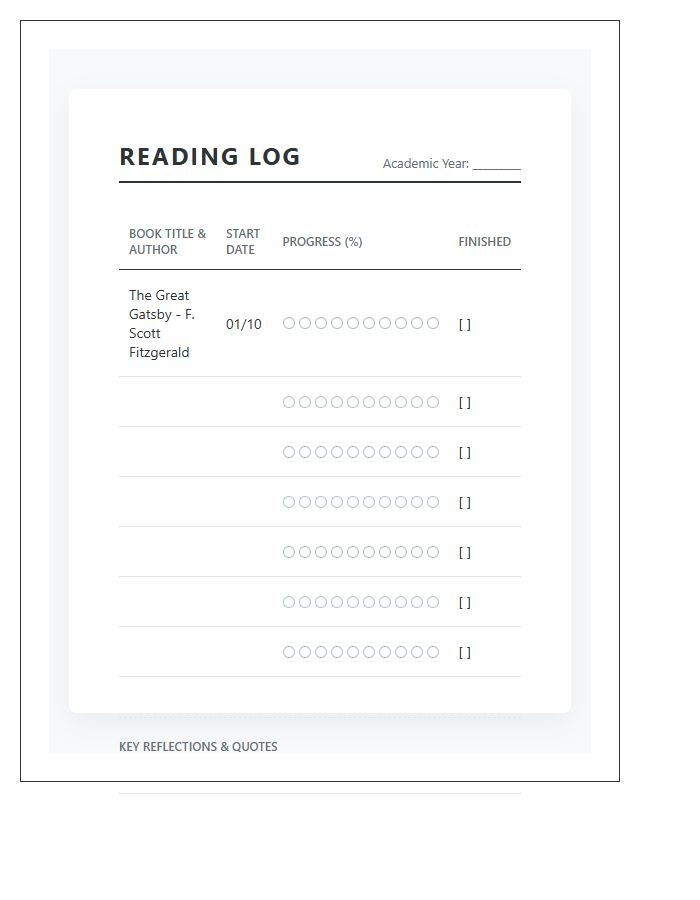 Literature Reading Progress Printable Chart