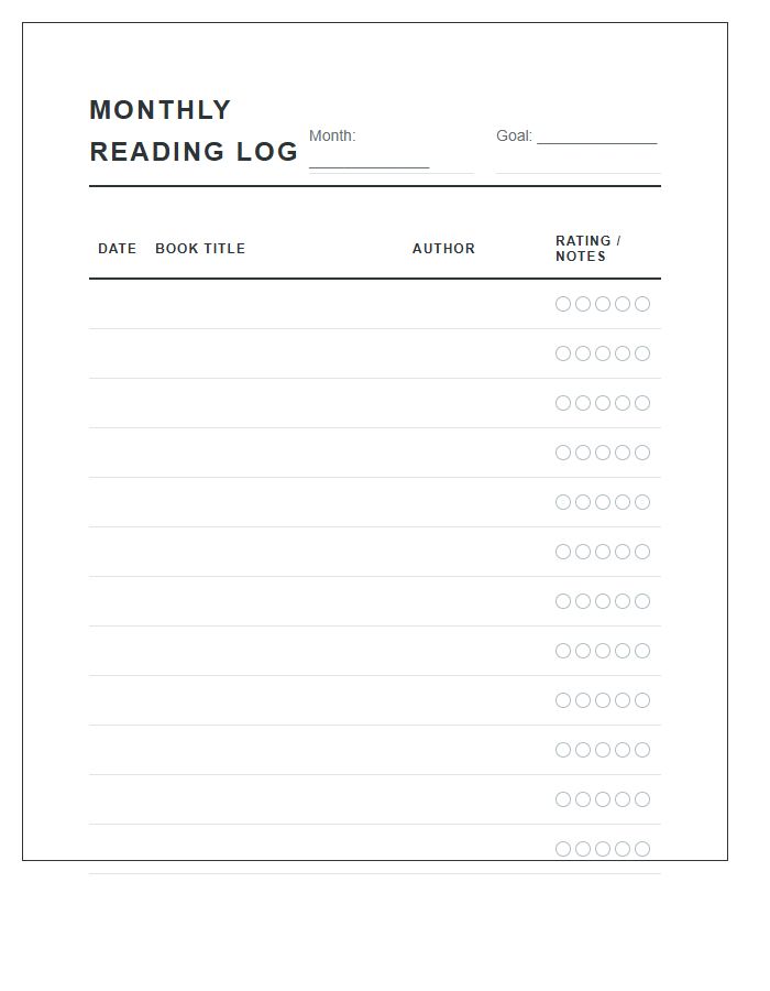 Monthly Reading Log Printable Chart