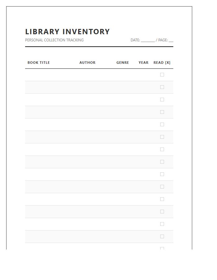 Personal Library Inventory Printable Chart