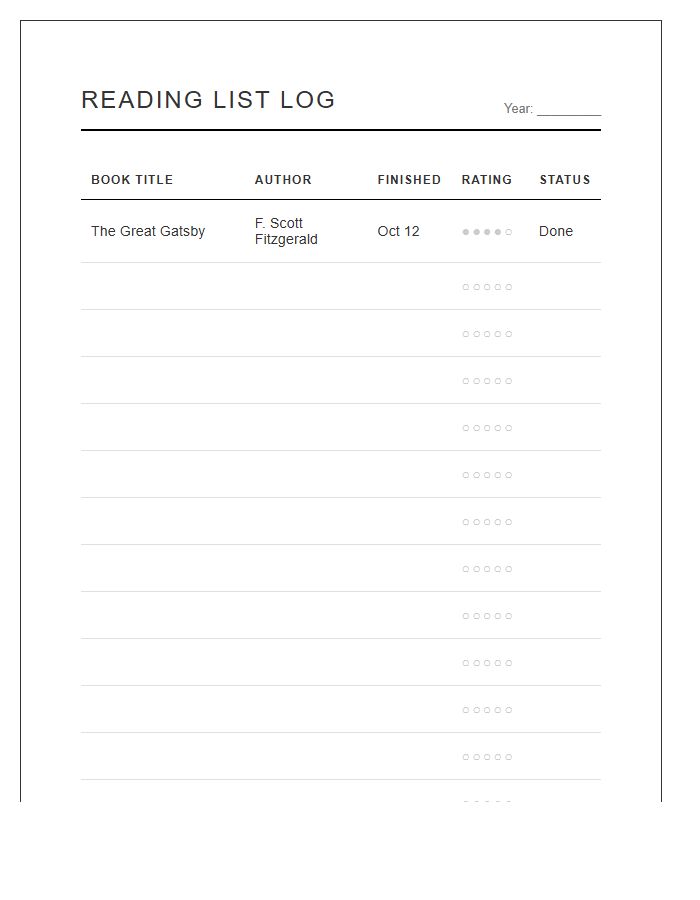 Reading List Log Printable Chart