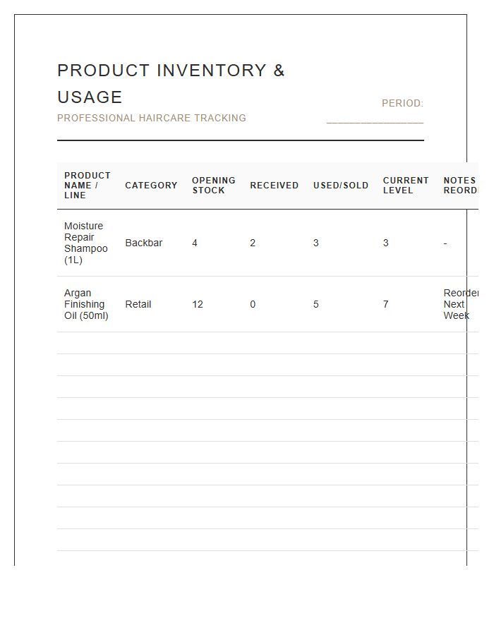 Beauty Business Hair Product Tracking Printable Chart