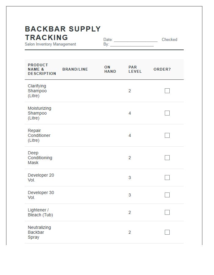 Beauty Salon Backbar Supply Tracking Printable Chart