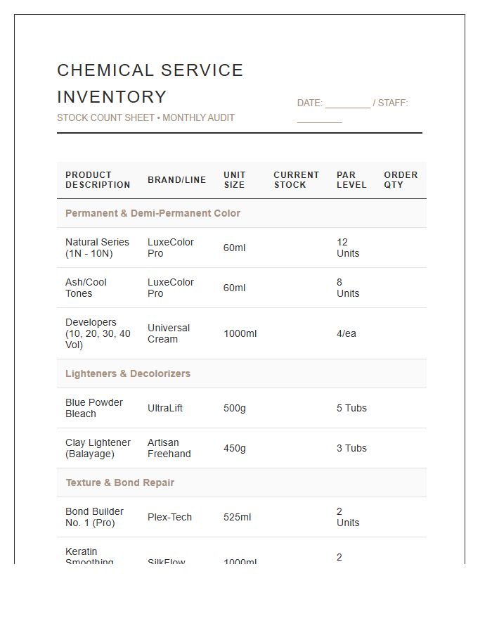 Beauty Salon Chemical Service Stock Printable Chart