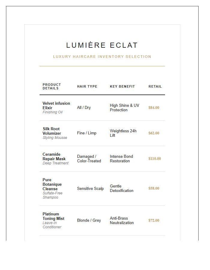 Beauty Salon Luxury Hair Product Printable Chart