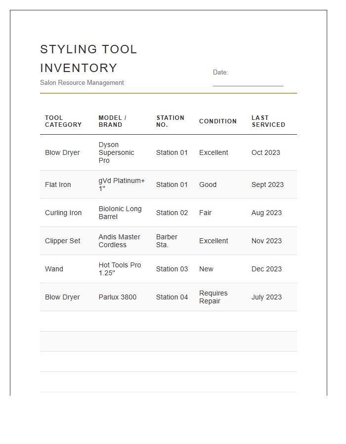 Beauty Salon Styling Tool Inventory Printable Chart