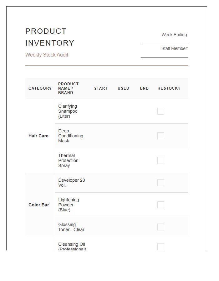 Beauty Salon Weekly Product Inventory Printable Chart
