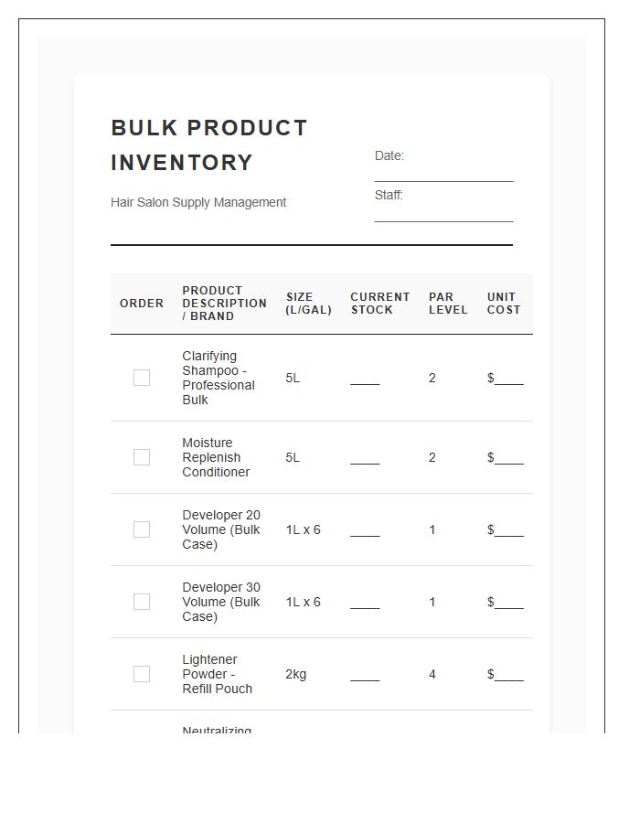 Hair Salon Bulk Product Supply Printable Chart
