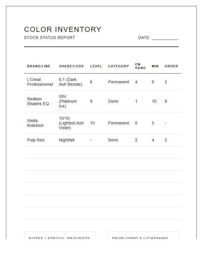Hair Salon Color Product Inventory Printable Chart