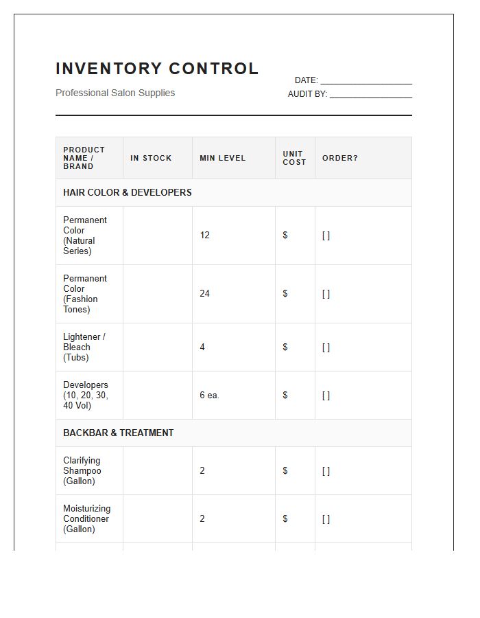Hair Salon Professional Inventory Control Printable Chart