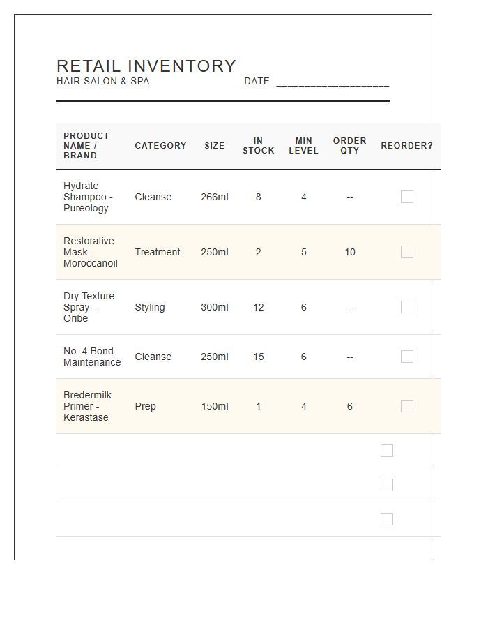 Hair Salon Retail Product Stock Printable Chart