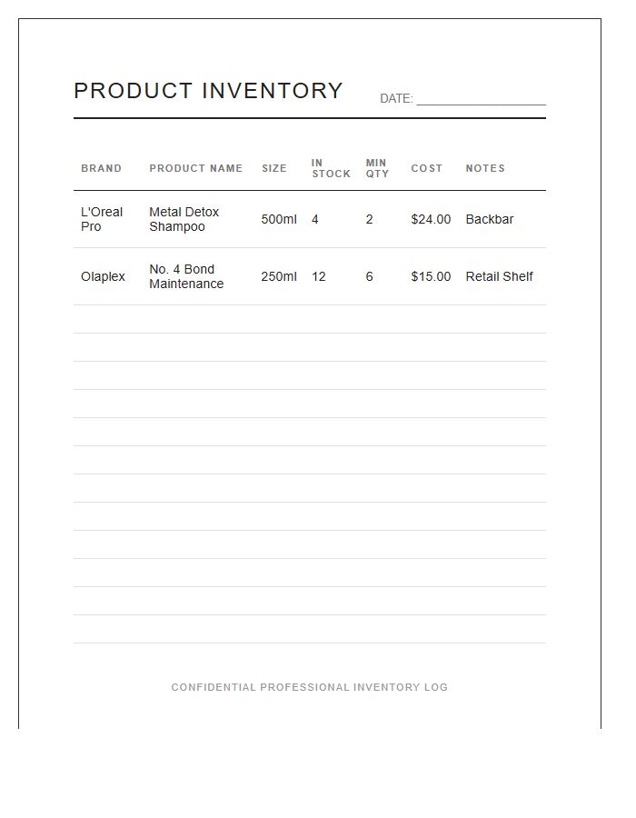 Hair Stylist Professional Product Inventory Printable Chart