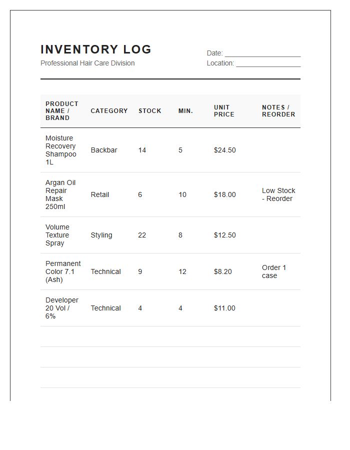 Professional Hair Care Inventory Management Printable Chart