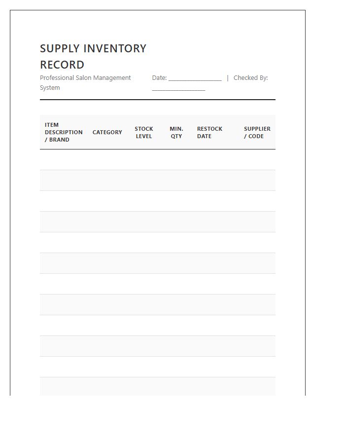 Professional Hair Salon Supplies Record Printable Chart