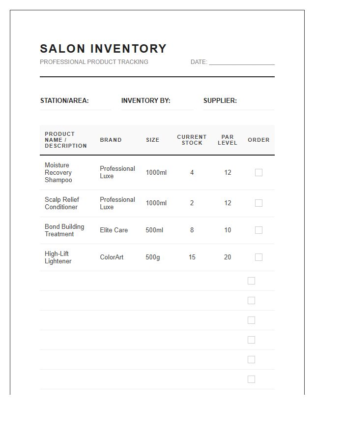 Professional Salon Hair Product Inventory Printable Chart