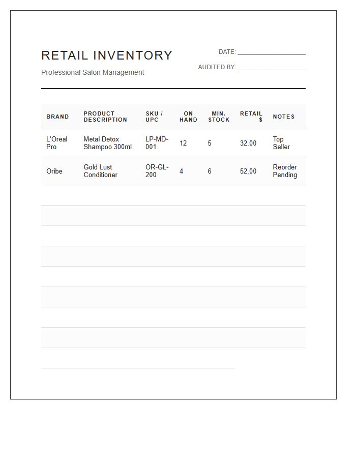 Professional Salon Retail Inventory Sheet Printable Chart